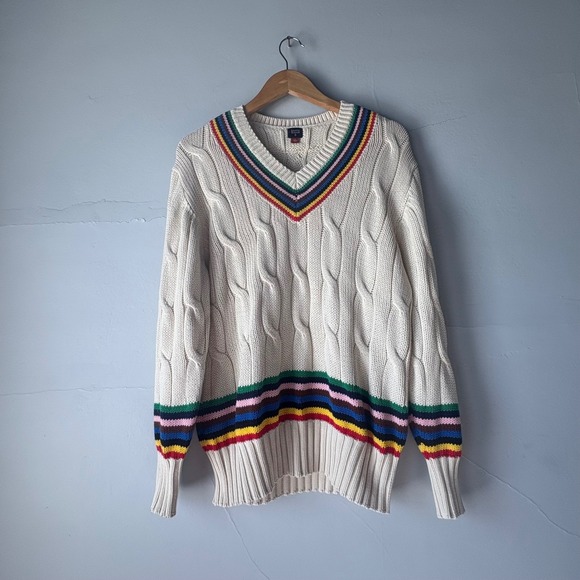Rowing Blazers x Target Cream Cable Knit V Neck Sweater Striped Trim Size S - Picture 5 of 10